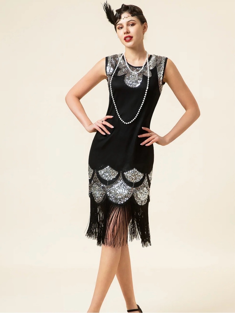 Black Sequin Fringe Midi Dress - 1920s-Inspired Party Dress